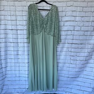 NWT J Kara 3/4 Sleeve Beaded V-Neck Ruched Front Empire Long Dress Celadon 24W